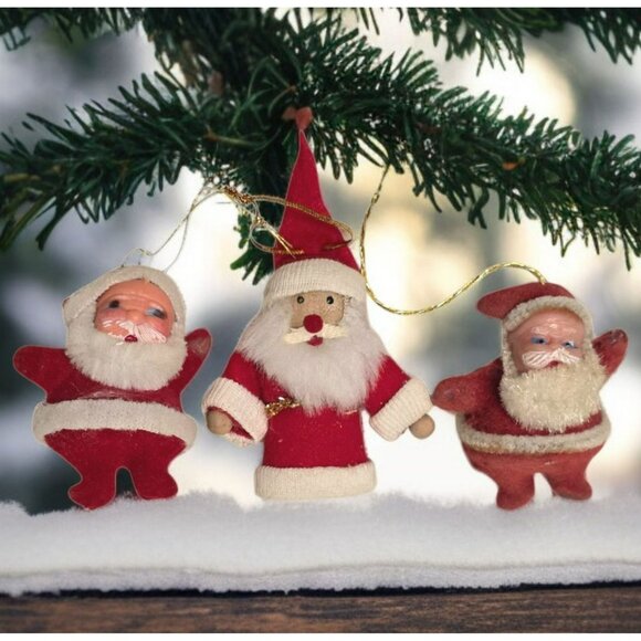 3 Vintage Santa Claus Christmas Ornaments MCM Flocked Jolly St. Nick Holiday - Picture 1 of 9